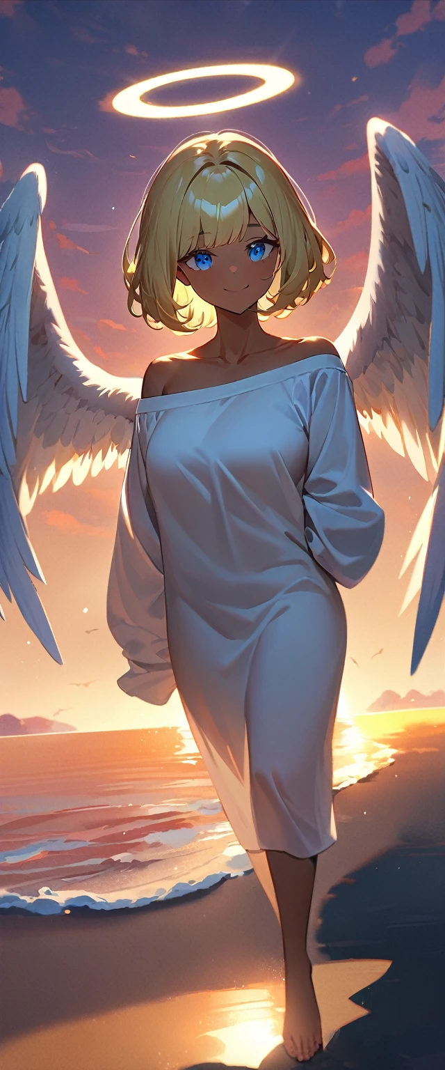 (((One girl))), full body, ((tanned skin)), flying in the sky, upper body, ((angel, big big white wings:1.2, halo:1.3)), ((wavy hair)), evening, Sunset, sea, beach, ((blond hair, bob cut:1.3)), big breasts, teenager, (looking at viewer), oversized clothes, puffy long sleeves, collarbone, ((off-shoulder sweater dress:1.3, Quite thick shoulder straps)), (((sleeves past wrists:1.3))), ((white sweater)), collarbone, head tilt:1.3, (((blue eye))), ((happy smile)), (((anime style))), (best quality, 4K, 8K, highres, masterpiece:1.2, ultra-detailed, ultra-detailed eyes, HDR, uhd, studio lighting, ultra-fine painting, sharp focus, physically-based rendering, extreme detail description, professional, vivid colors, bokeh), ((Highest quality, Best image quality, Ultra-high resolution, Ultra-high resolution, solo, Strong eye highlights)), Depth of written boundary, Natural soft light, attractive, Beautiful Face, Cleanliness, Pure Face, medium chest, Beautiful Face, Perfect Fingers, Perfect hands, Perfect body, Perfect Face, Shine a light into your eyes, Perfect Anatomy