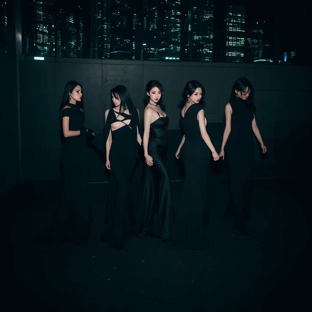 Three pretty, beautiful women in sexy black clothing are walking backwards, disappearing into a night cityscape. The scene is melancholic and introspective, with long shots and fade-outs creating a sense of closure. The background is a starry and moonlit cityscape at night.