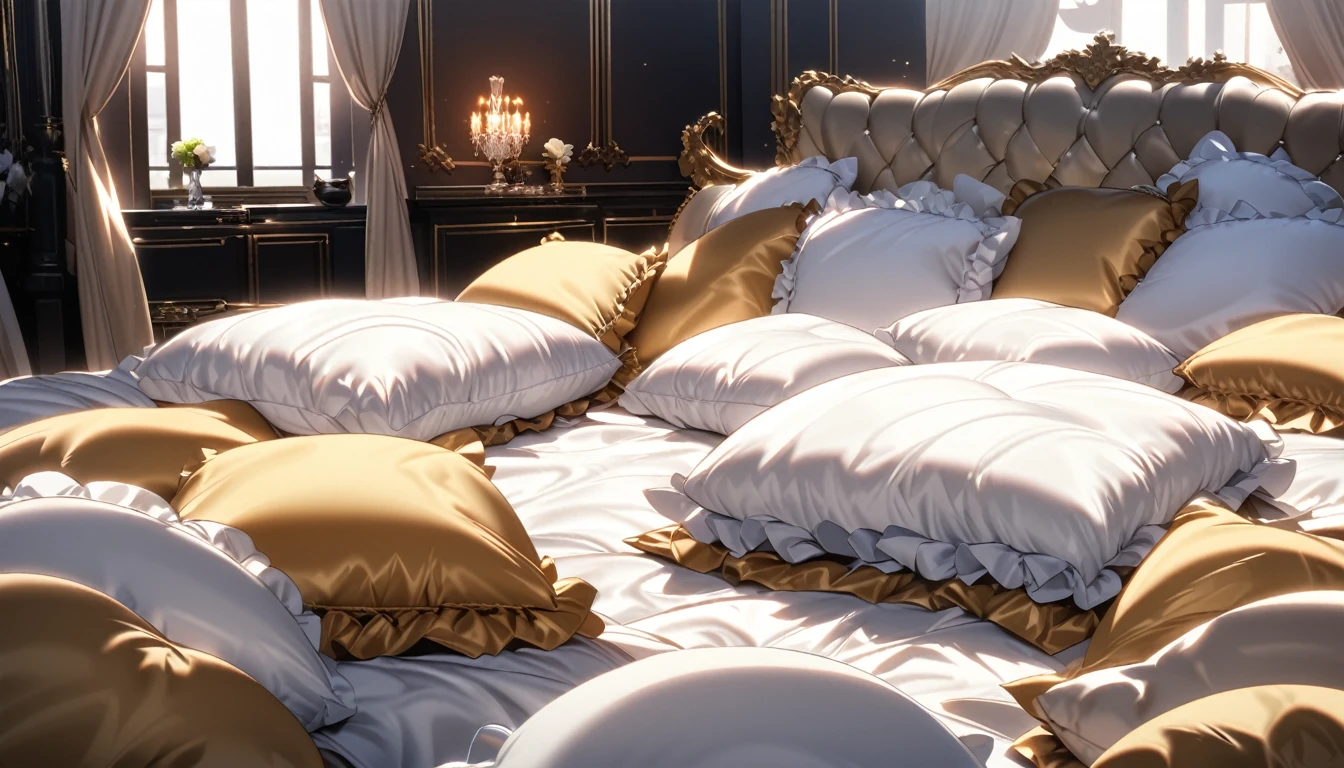 Lots of giant silk pillows. Luxurious and fluffy silk bed. White chocolate sauce splattered