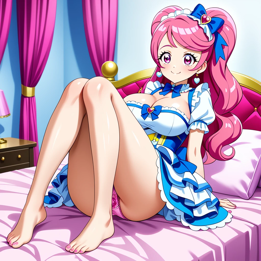 ((Highest quality)), ((masterpiece)), (be familiar with), Perfect Face, Big eyes, Drooping eyes, eyelash, The sparkling light of the eyes , (precure), (Aikatsu!), lolita fashion, (intricate detailed pink satin panties), Sitting, (knees together feet apart), big breasts, smile, closed mouth, whole body, bed room