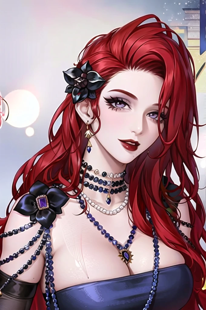 1girl, jewelry, red hair, solo, necklace, long hair, earrings, mole under mouth, red nails, petals, red lips, hair ornament, flower, black flower, pearl necklace, portrait, lipstick, makeup, grey eyes, nail polish, gem,parted lips,red lips,milf,huge breasts, parted lips,(shiny skin),(mature female:1.2),cabernet,earrings 