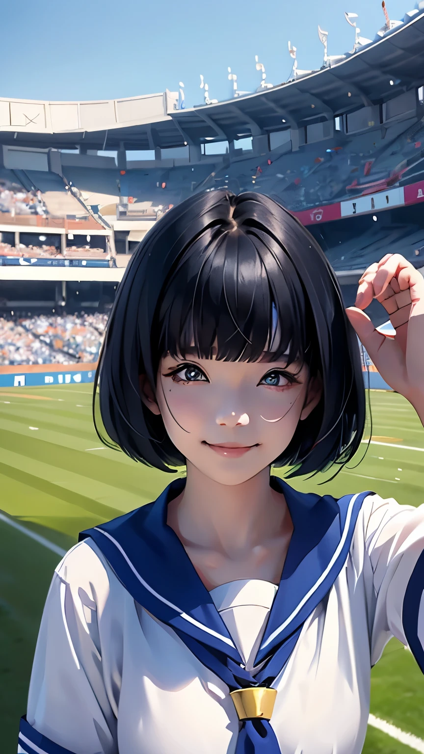 Stadium、Highest quality、Masterpiece、Upper Body、Sailor suit、Black Hair、Bobcut、Raise one hand、Look Up、Asian、18-year-old、woman、support、smile