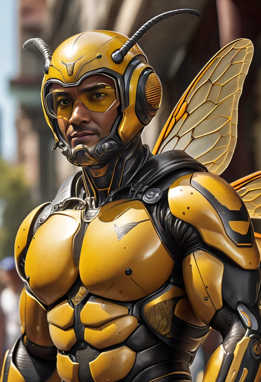 ((absurdres)) perfect whole body, ultra photorealistic, top quality, Photorealistic, ((16k UHD)) High Definition, high-res, ultra sharp, masterpiece, the best quality, intricate details, detailed eyes, perfect face detailed face, (((in a capital city town))) orange goggles, masterpiece, highly detailed exquisite character art, perfectly detailed ???????, detailed body, detailed pecs, hyper pecs, thick thighs, (((sunny weather))) (((natural lights))), ultra-realistic, (((1male))) ((tall muscular man male humanoid)), bald, humanoid yellow skin, bee ???????, deity, god of honey bees, humanoid black & yellow skin tone, yellow hue, powerful humanoid appearance, compound eyes, stinger, abdomen, metallic scales, scales. Metallic armour, wings, elf ears, glossy skin, large smirking face, flying in the sky, mandibles, Antenna, honey, ((male muscular stripe black & yellow humanoid insect honey bee)) (((yellow skin))), (((black skin))) 