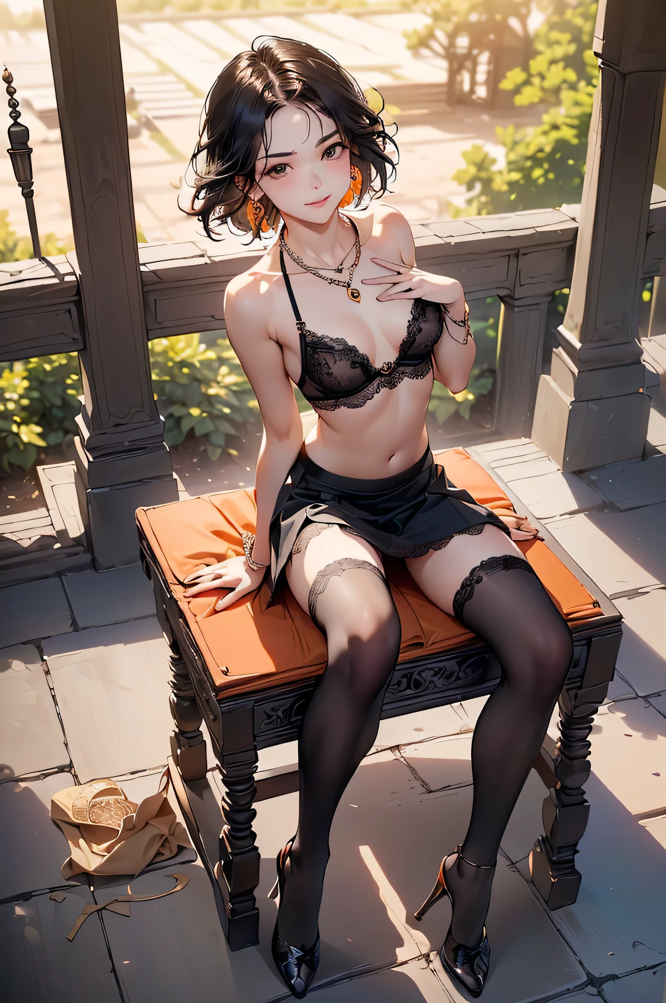 ((Biologically correct limb count))、((Natural finger shape))、((Full Body Shot, Including face))、Standing position、4K、masterpiece、((Focus on the face))、((Symmetrical facial features))、Eye for detailed depiction、Beautiful woman、Excellent style、Beautiful feet、(Small Ass、Thin thighs)、(Patterned black stockings、High heels)、Facial detailing、Small earrings、necklace、Low angle photo、((Orange lace bra and lace panties、Lifting the skirt to reveal panties))、Park scenery on a holiday morning、Strong sunlight、(((A facial expression of pleasure)))、(((Lean your body back and sit on the ground)))、((Hands lifting from under your chest))、(Face the camera)、Photograph the side of the body、focus on the crotch
