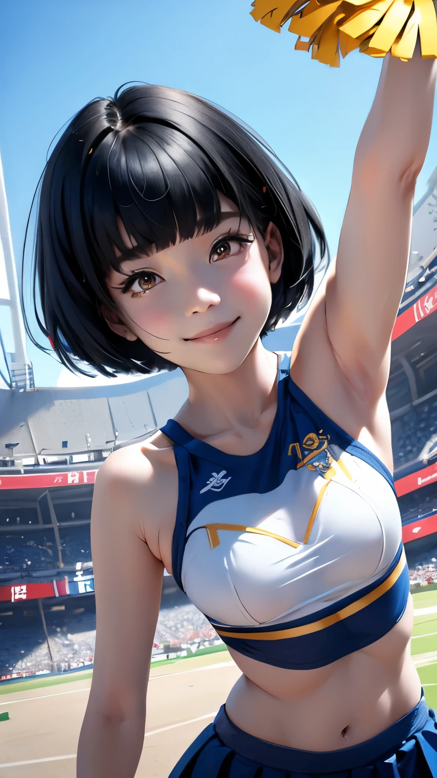Stadium、Highest quality、Masterpiece、Upper Body、Cheerleader、Black Hair、Bobcut、Raise one hand、Look Up、Asian、18-year-old、woman、support、smile
