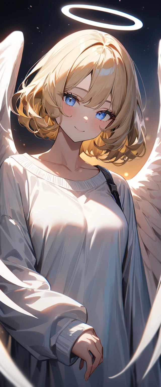 (((One girl))), full wing, flying in the sky, upper body, ((angel, big big white wings:1.2, halo:1.3)), Uriel, ((wavy hair, outward curled hair)), evening, Sunset, sea, beach, ((blond hair, bob cut:1.3)), big breasts, ager, (looking at viewer), oversized clothes, puffy long sleeves, collarbone, ((off-shoulder sweater dress:1.3, Quite thick shoulder straps)), (((sleeves past wrists:1.3))), ((white sweater)), collarbone, head tilt:1.3, (((blue eye))), ((happy smile)), (((anime style))), (best quality, 4K, 8K, highres, masterpiece:1.2, ultra-detailed, ultra-detailed eyes, HDR, uhd, studio lighting, ultra-fine painting, sharp focus, physically-based rendering, extreme detail description, professional, vivid colors, bokeh), ((Highest quality, Best image quality, Ultra-high resolution, Ultra-high resolution, solo, Strong eye highlights)), Depth of written boundary, Natural soft light, attractive, Beautiful Face, Cleanliness, Pure Face, medium chest, Beautiful Face, Perfect Fingers, Perfect hands, Perfect body, Perfect Face, Shine a light into your eyes, Perfect Anatomy