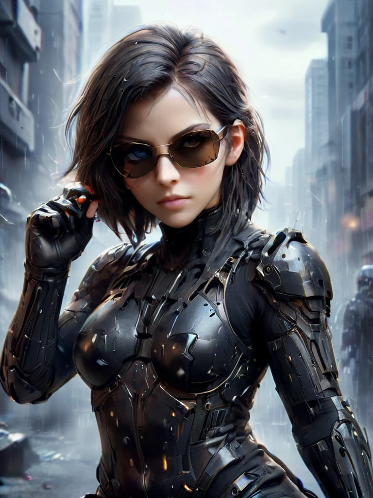 A white、Black and brown Latrobe Loggin, Wearing a cyberpunk-style bodysuit, sunglasses,Black gloves, poster, Matrix, explode, Film Grain