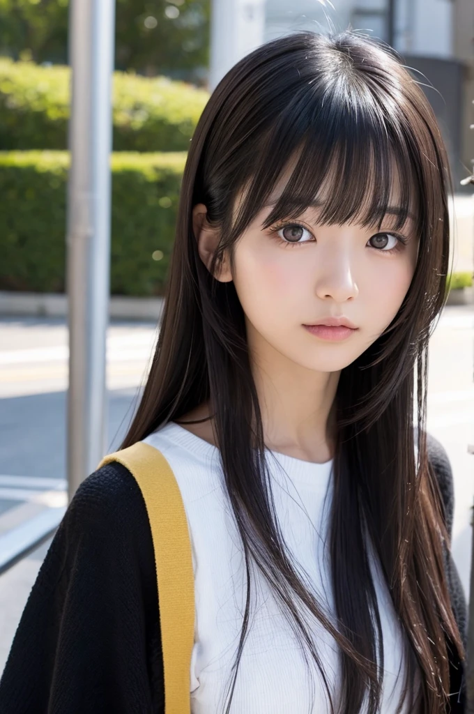 Japanese girl in her 20s、With bangs、long black hair、Staring