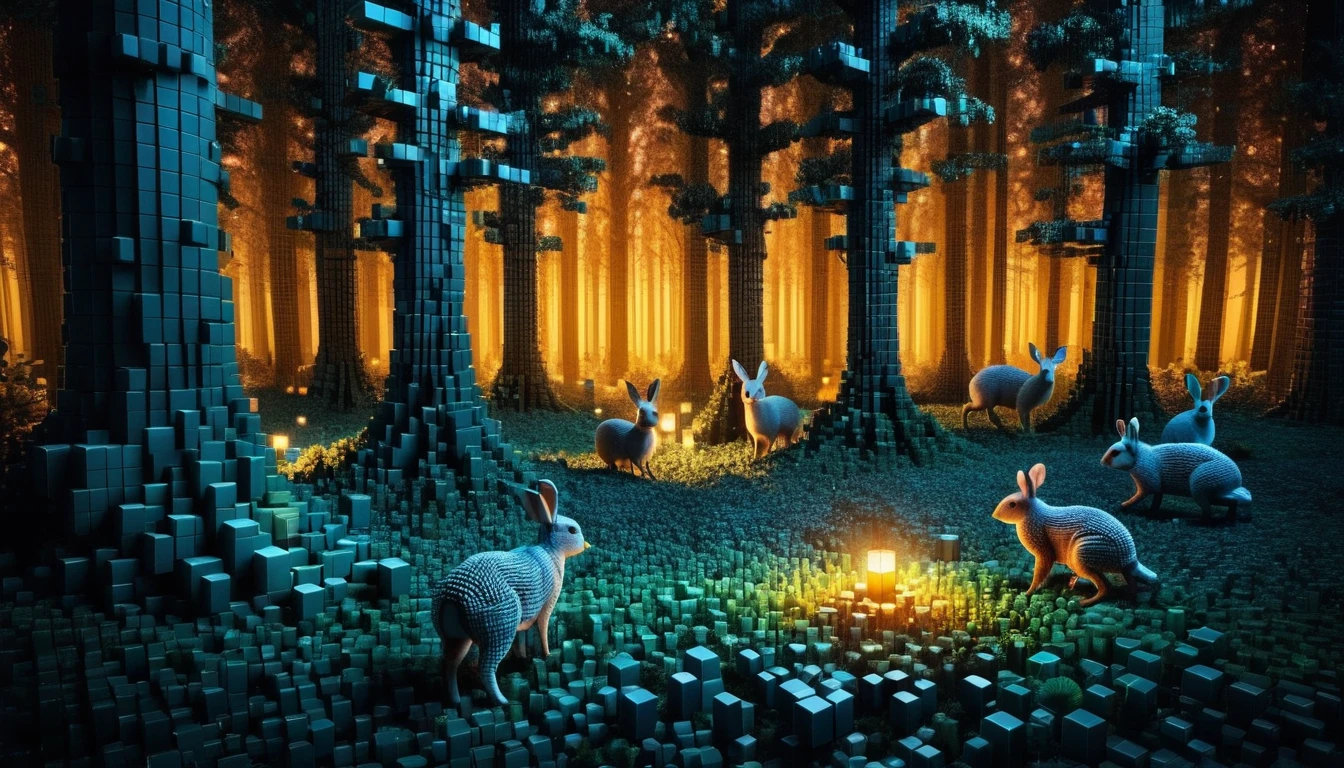 An enchanting night forest made up of RAL-3D cubes, There are lots of small animals,Wrapped in the fantastic light of the night,Very beautiful secret forest,Small animals gather