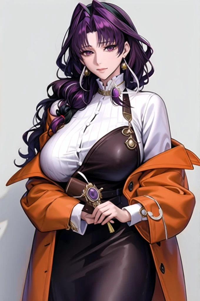 1girl, jewelry, solo, tassel earrings, purple hair, looking at viewer, holding, long hair, shirt, white shirt, hairband, jacket, long sleeves, closed mouth, open clothes, brooch, gem, coat, skirt, brown eyes, katsuragi misato, off shoulder, orange jacket, parted bangs, hair intakes,(huge breasts),shiny skin,(mature female:1.2),carofano,