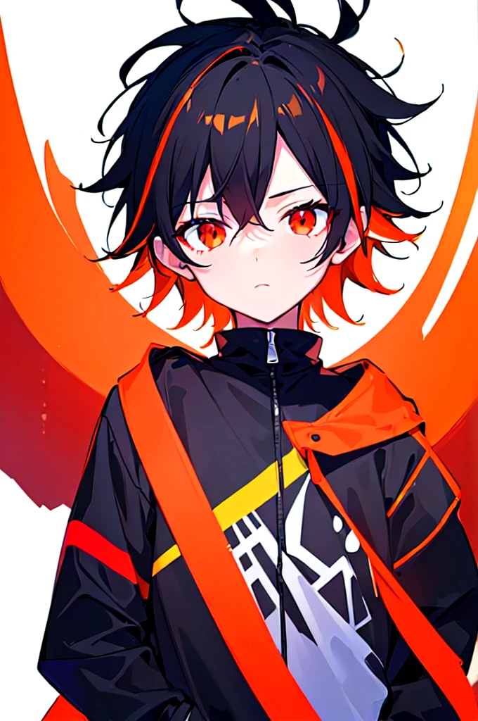 [(WHITE BACKGROUND:1.5),::5], ((((masterpiece)))), high quality, ultra very high resolution, full color, (((solo))), ((little boy)), black hair, ((orange streaked hair)), (red eyes), anime, ((upper body)), neon light, black parka, 