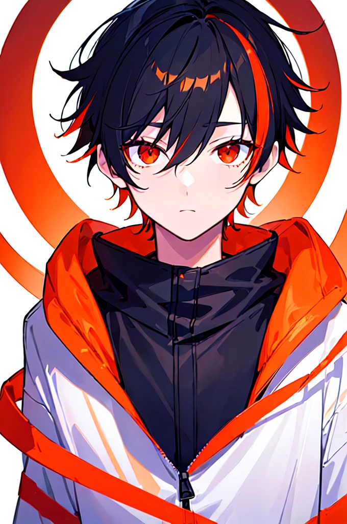 [(WHITE BACKGROUND:1.5),::5], ((((masterpiece)))), high quality, ultra very high resolution, full color, (((solo))), (()), black hair, ((orange streaked hair)), (red eyes), anime, ((upper body)), neon light, black parka, 