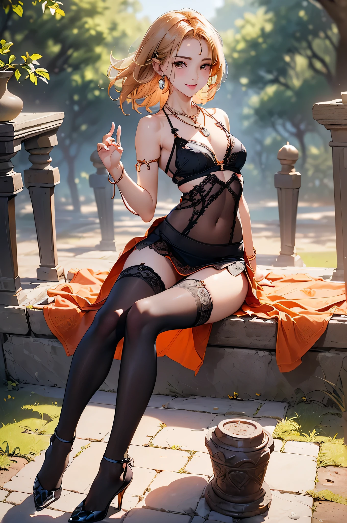 ((Biologically correct limb count))、((Natural finger shape))、((Full Body Shot, Including face))、Standing position、4K、masterpiece、((Focus on the face))、((Symmetrical facial features))、Eye for detailed depiction、Beautiful woman、Excellent style、Beautiful feet、(Small Ass、Thin thighs)、(Patterned black stockings、High heels)、Facial detailing、Small earrings、necklace、Low angle photo、((Orange lace bra and lace panties、Lifting the skirt to reveal panties))、Park scenery on a holiday morning、Strong sunlight、(((A facial expression of pleasure)))、(((Lean your body back and sit on the ground)))、((Hands lifting from under your chest))、(Face the camera)、Photograph the side of the body、focus on the crotch、Long blonde