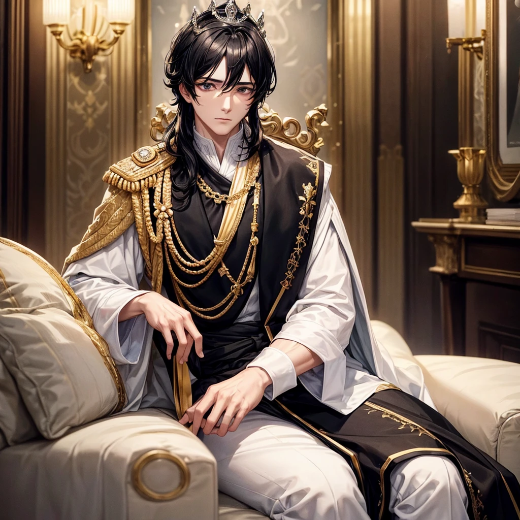 He has black hair, black eyes, white skin, and wears royal clothes He wears a royal crown and the character is luxurious and elegant 