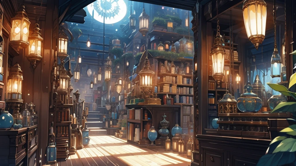 Fantasy Library interior, Many items at night, bookshelf, Magic Items, corridor