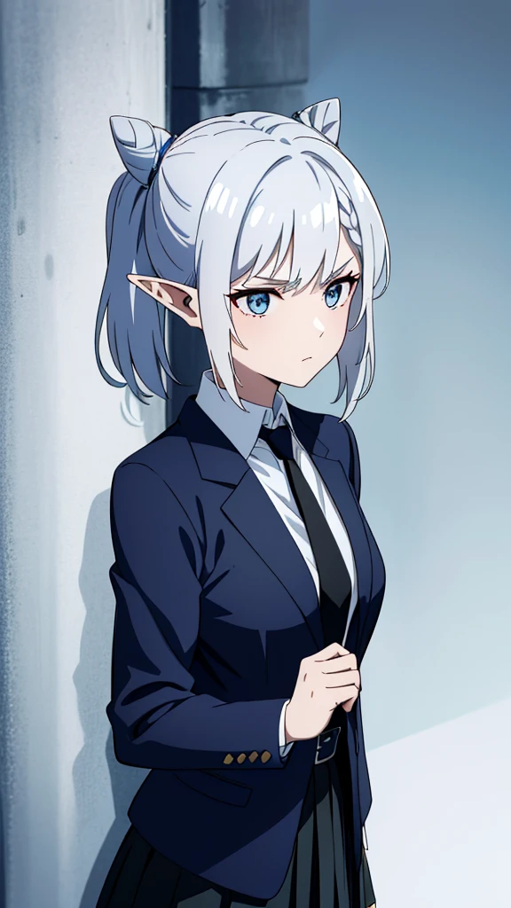 1girl ,solo,20s,mature female,serious face,short hair,elf ears,(grass),shirt,black standard tie,blue blazer,long sleeves, black pleated skirt,(upper body),frosty white Skin , Icy white hair ,Glacial blue eyes,KEQINGCOS,DOUBLEBUN,BRAID