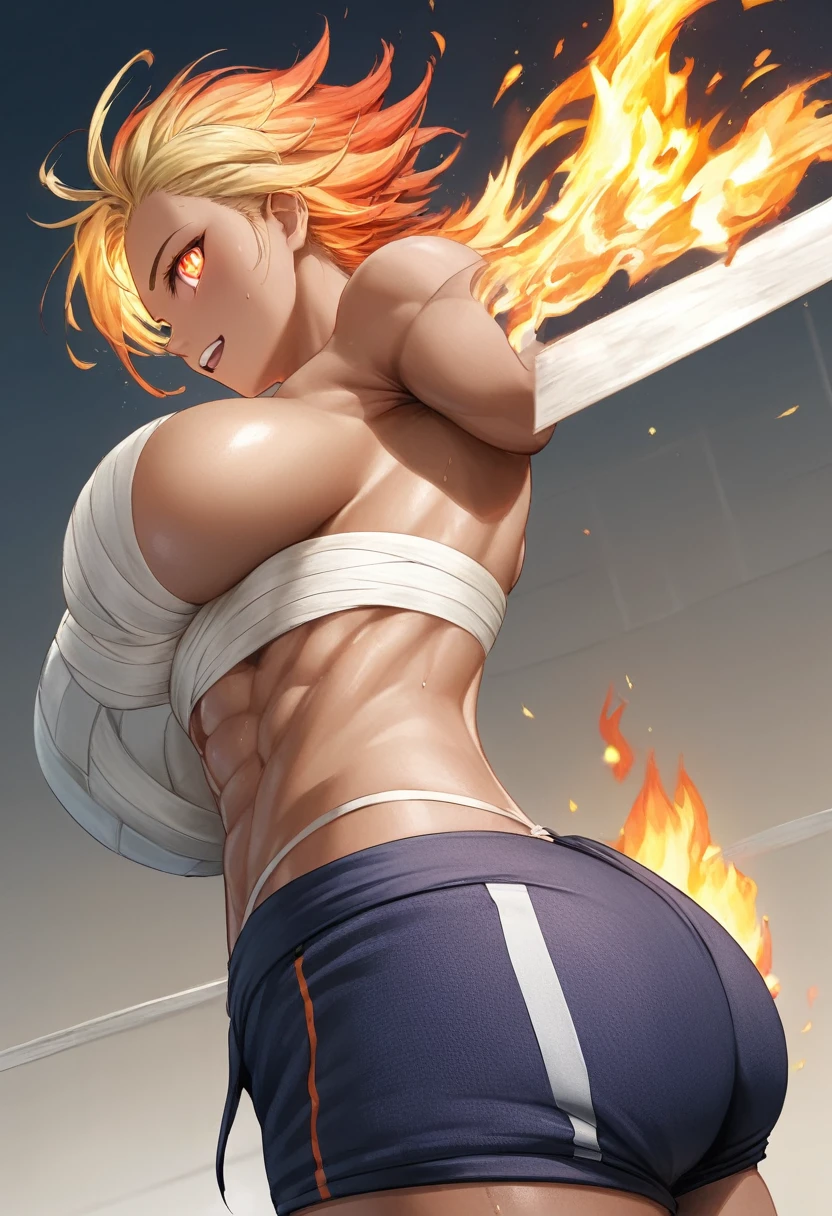 Prompt
detailed illustration, (front view), (side view),dynamic angle, ultra-detailed, illustration, clean line art, shading, anime, detailed eyes, detailed face, beautiful face, dramatic lighting, detailed illustration, dynamic angle, ultra-detailed, illustration, single woman
Fit, toned abs, ((volleyball shorts)), ((fundoshi breast wrap)), big round ass, big tits, caramel tan skin, dark skin tone, wide hips, narrow waist, thunder thighs, (blazing blonde hair), (glowing eyes), glowing sclera, muay thai wraps, strong biceps, sweat, ((bandaged breasts)), flaming hair, hair is fire, flames rolling down skin, clothes catching on fire, embers, sweats fire, sweat is fire, tan lines, Hispanic, Latina, tight pants, bandage wrapped around chest, brown skin, angry, mad, yelling, fists on fire, fighting, fire, flaming fists, fire shooting out of eyes, sweating fire, sweat’s little embers, massive breasts, big tits, , bubble butt, massive ass, flames in hair, hair on fire,