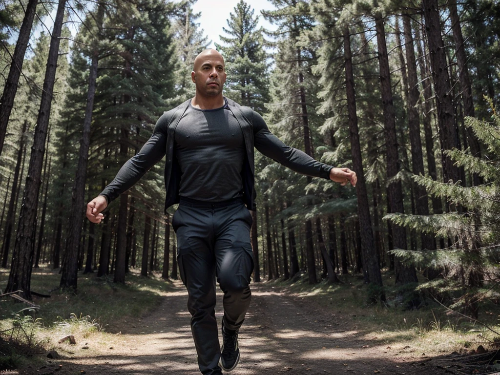 A bald man with defined and trained muscles dressed in gray and black floating in the middle of a pine forest with a serious look and resembling Vin Diesel as if he is going to fly over the Terrain, he is floating above the forest