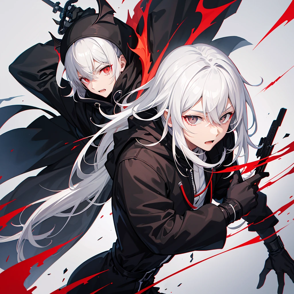 long white hair,Blindfolded,shoun,ghost,fundo vermelho,Big Scene,锁链,Blood,Untidy,Black robe,flat,cellular phone