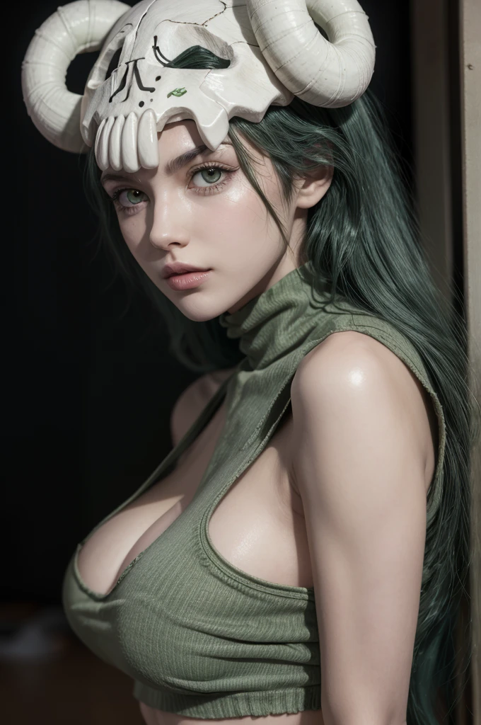 Nelliel from bleach, realistic, age 25, extreme pure white skin, skull on head, light green long hair, ripped green shirt, ripped white jean short, perfect face, perfect shape body, large breasts, clothes covered upper body, 3d .