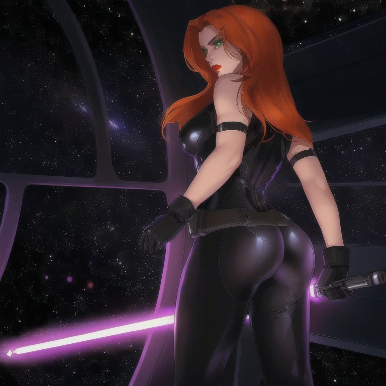 Digital Art, masterpiece, ultra-detailed, physically-based rendering, vintage science fiction, Star Wars based environment, extremely detailed face, long eyelashes, (Mara Jade), Mara Jade Skywalker, long orange hair, bright green eyes, red lipstick, attractive body, athletic figure, bubble butt, round ass. She's looking at the camera with a disgusted and irritated expression, mouth closed, teeth, looking from behind, body facing the window. ((Wearing: a black suit, the suit is shiny and glossy, the suit is so tight that it perfectly showcases the tight roundness of her hips and buttocks in the suit. Brown leather straps, black gloves)). Upper body shot, back view, ass view. She holding a purple lightsaber. Background: Indoors, space station, window, view of outer space, stars
