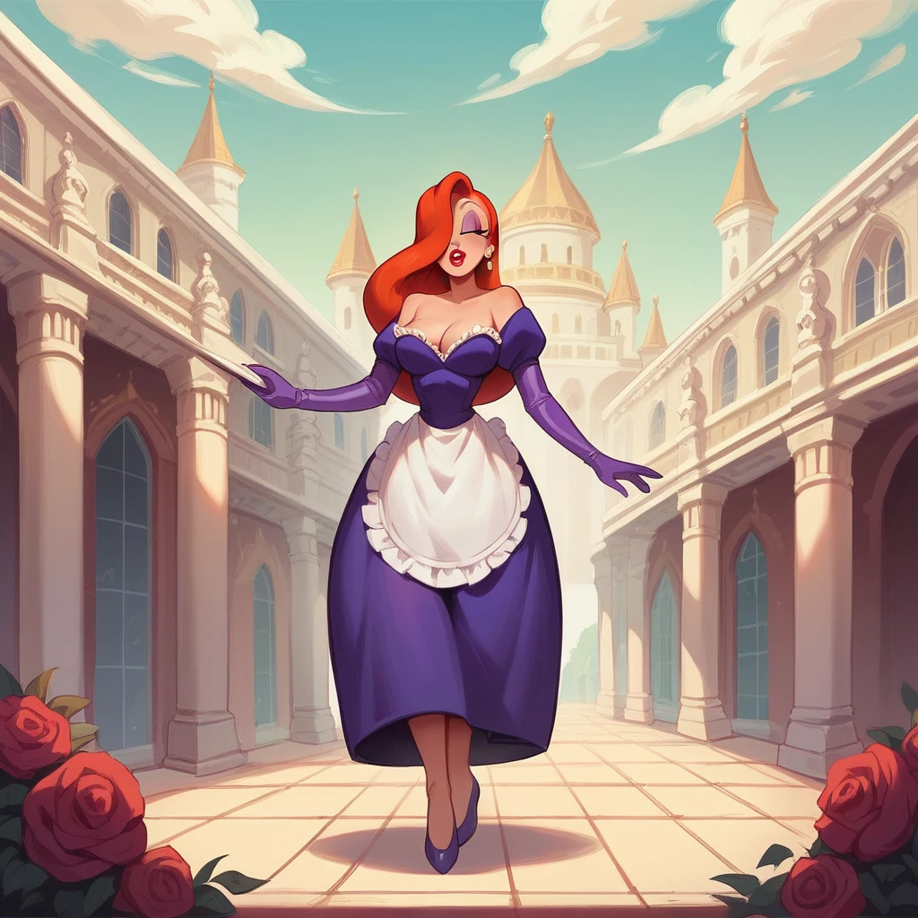 Jessica Rabbit is helping to bathe a young fat man in the jacuzzi, palace, She is dressed as a vintage maid