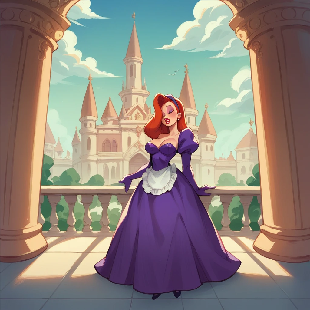 Jessica Rabbit is helping to bathe a young fat man in the jacuzzi, palace, She is dressed as a vintage maid