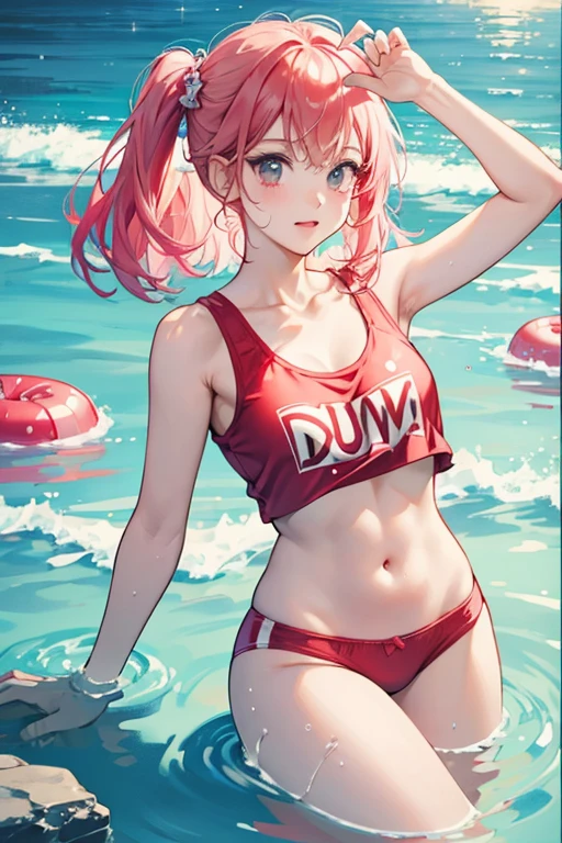 Loves Mini Sweets. When in icy water, she gets a red tank top with "DUM.DUMS(R)" on it in white as well as hot pink hair. Also, her underwear gets a red rim and 2 red buttons. SPARKLE; GLITTER