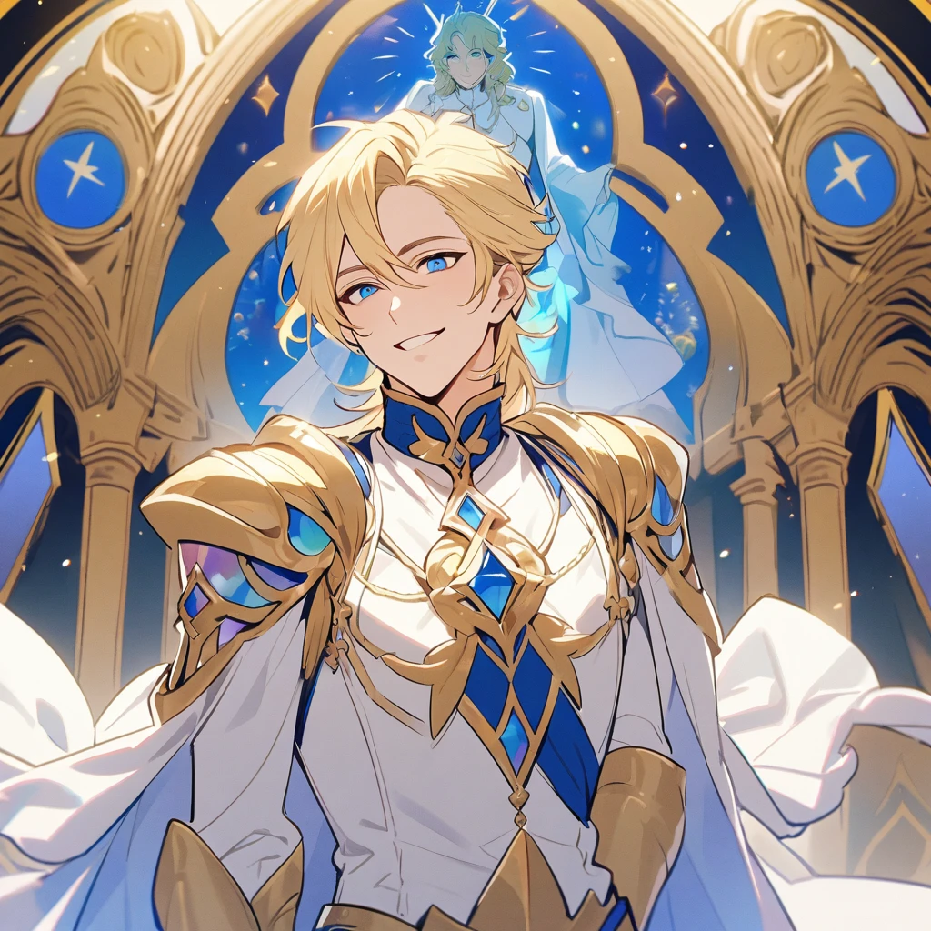male, handsome, smilling, blond hair,blue eyes, god, prince, experinced