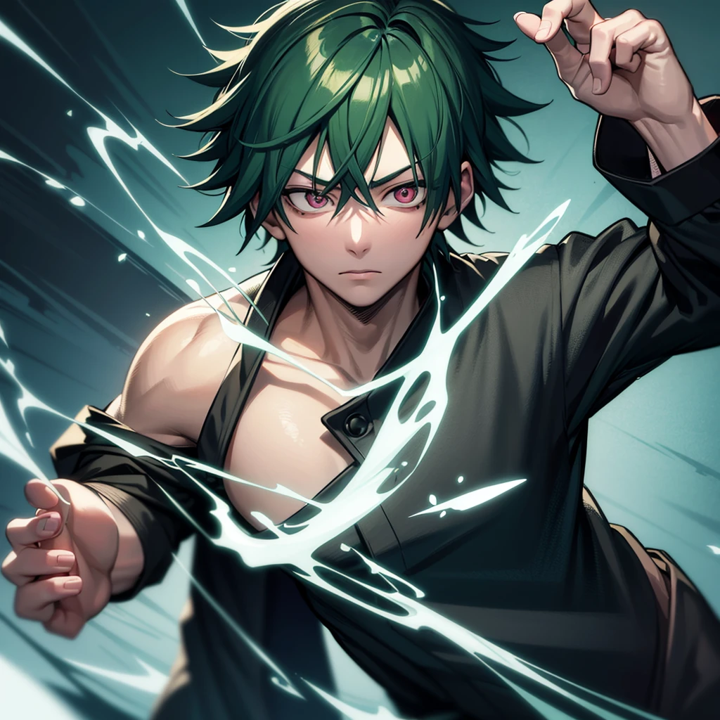 one japanese man, green hair, pink eyes, high res, ultrasharp, masterpiece, jujutsu kaisen style