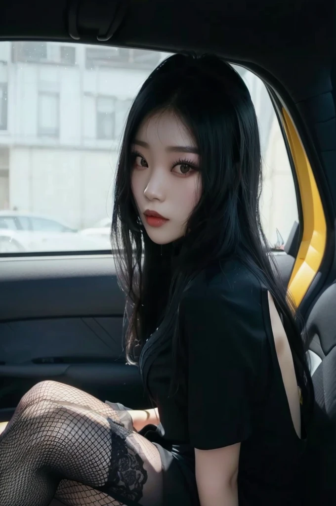 araffe woman sitting in a car with a black dress and fishnet stockings, Karina from Aespa, korean girl, asian girl, cruel korean goth girl, portrait, aespa karina, korean woman, beautiful south korean woman, young asian girl, karina