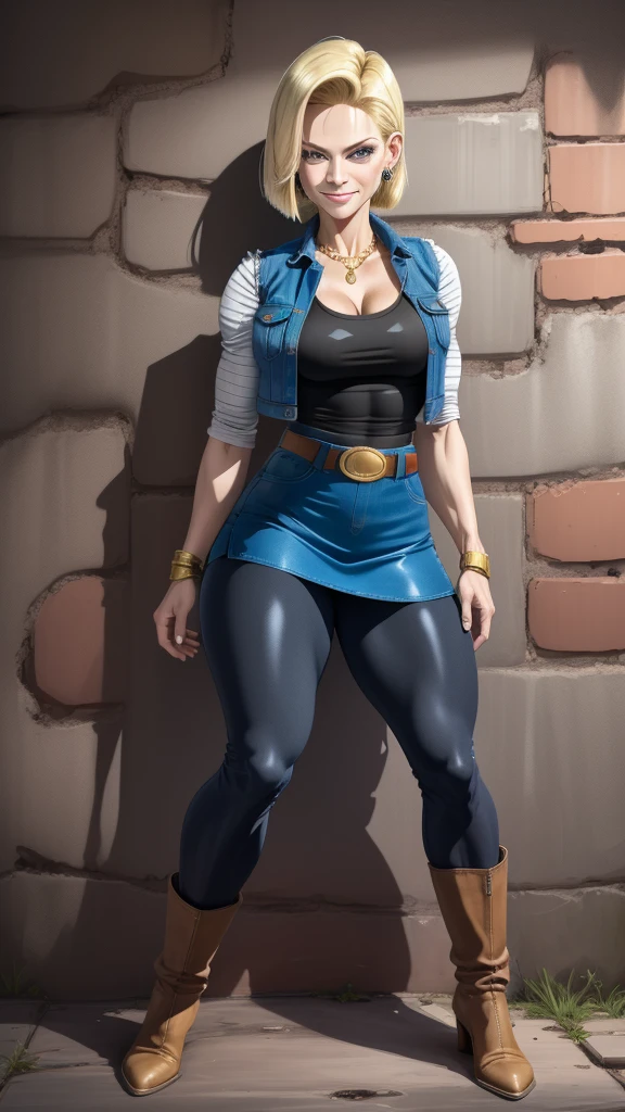 best quality, highres, and18, 1girl, android 18, solo girl, 1girl, blonde hair, blue eyes, belt, boots, tight blue demin skirt, gold_necklace, black shirt, short hair, long striped sleeves, earrings, open vest, denim vest, medium breasts, cowboy shot, mountains, straight-on, (weather: raining and windy), wet body, sexy smile, combat stance, full length pantyhose, battle ruins, wide hips, thick legs, torn clothes, closed fists,