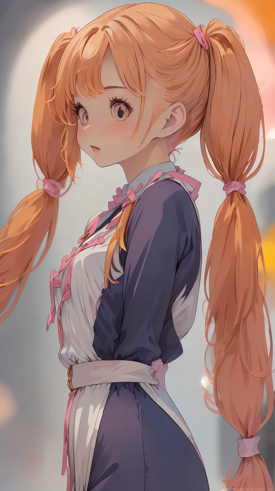 (A beautiful young woman with twin pigtails hairstyle:1.5), modern clothing, animated style, pretty orange priest anime costume, detailed face, pretty eyes, cute expression, soft lighting, Detailed representation, vibrant colors, Fancy, capricious, Very detailed, 8k, photorealistic