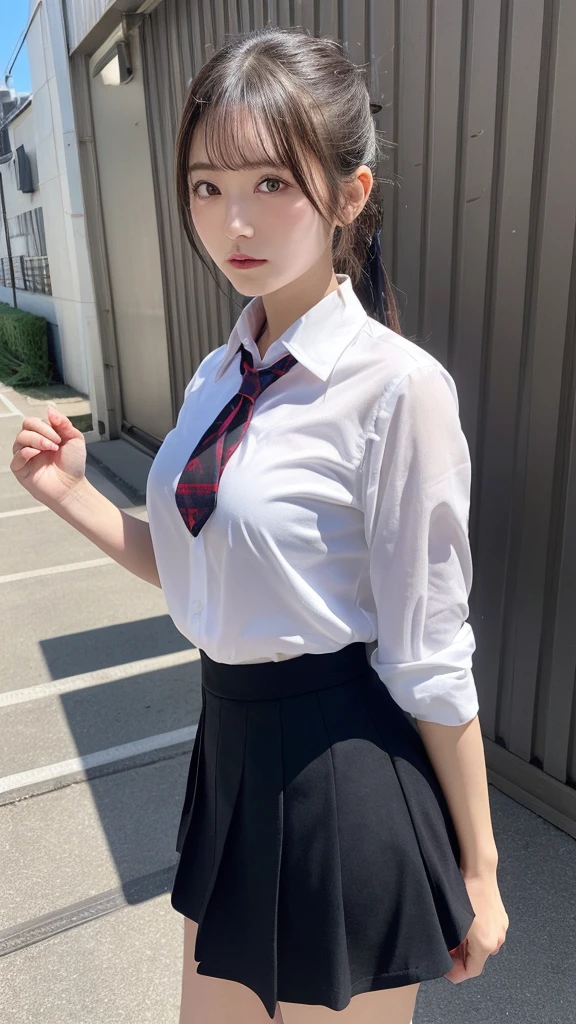 Realistic, High resolution, Soft Light,1 female, alone, Hip Up, (Detailed face),tattoo, jewelry, Current school classroom,On the podium,Wear a uniform、(black flared skirt),Biggest,Low chest, Long Hair、((ponytail))、((Under the skirt))、((mix4))、((exterior々color付きのパンティー))、((color々colorのついた髪))