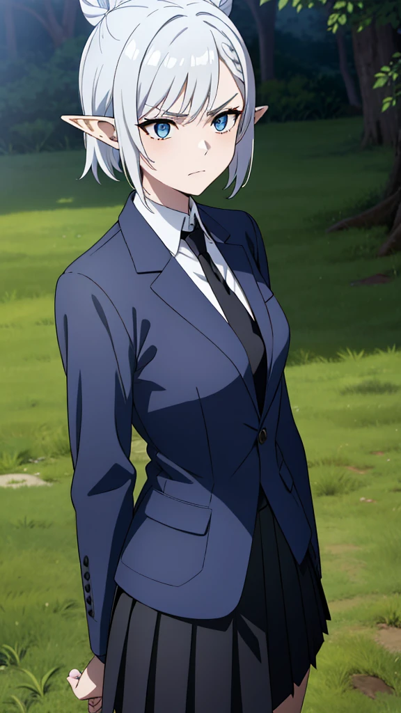 1girl ,solo,20s,mature female,serious face,short hair,elf ears,(grass),shirt,black standard tie,blue blazer,long sleeves, black pleated skirt,(upper body),frosty white Skin , Icy white hair ,Glacial blue eyes,KEQINGCOS,DOUBLEBUN,BRAID