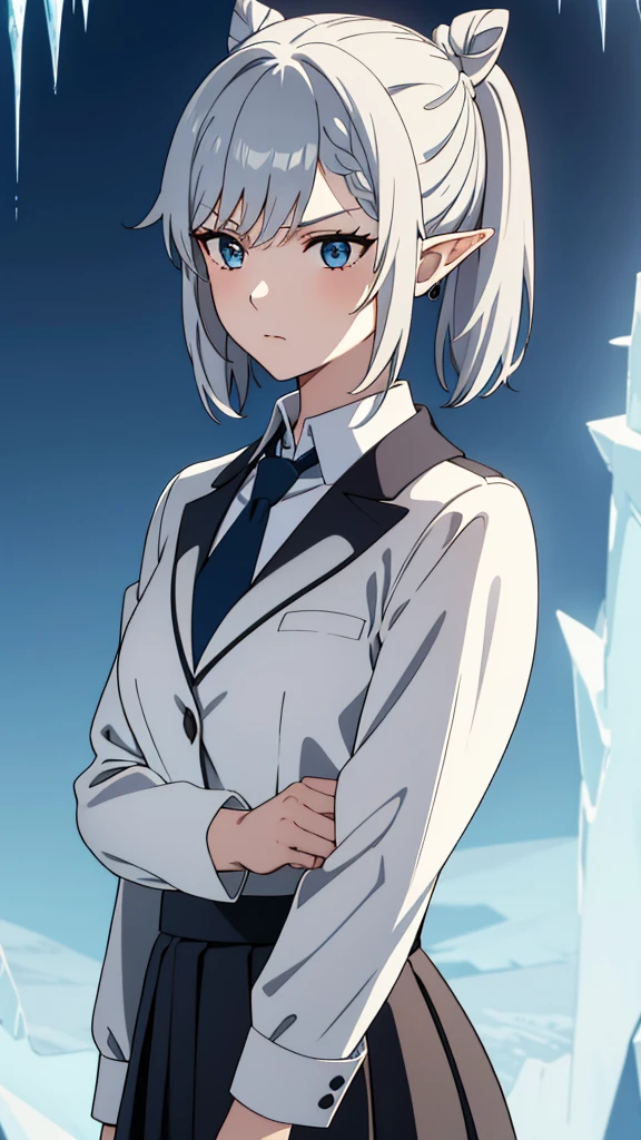 1girl ,solo,20s,mature female,serious face,short hair,elf ears,(grass),shirt,black standard tie,blue blazer,long sleeves, black pleated skirt,(upper body),frosty white Skin , Icy white hair ,Glacial blue eyes,KEQINGCOS,DOUBLEBUN,BRAID