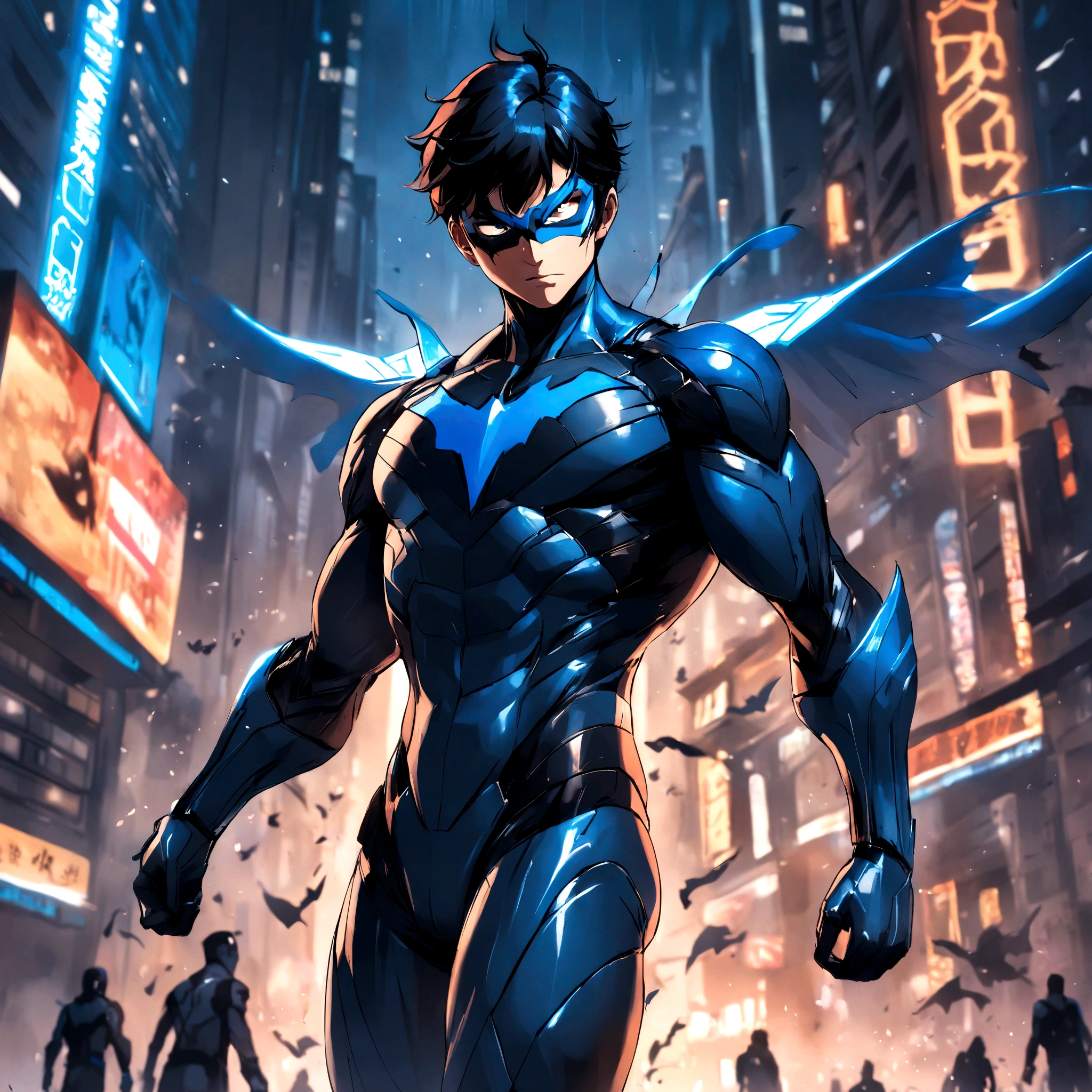 Description: nightwing (Nightwing), mask covering mouth and nose like Kakashi from Naruto, White hair, uniforme tradicional do nightwing.
styled: illustration