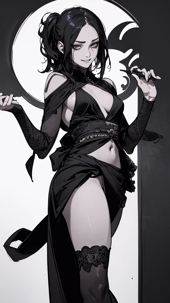 Best Quality, (background details), high contrast, very beautiful woman, detailed original illustration, functional, Kunoichi, ninja costume, black hair, delicate face, charm, bad girl,sexy, real breasts, small breasts, crazy smile, crazy eyes, black background, (black background:1.4), beautiful line drawing, monochrome, black and white drawing