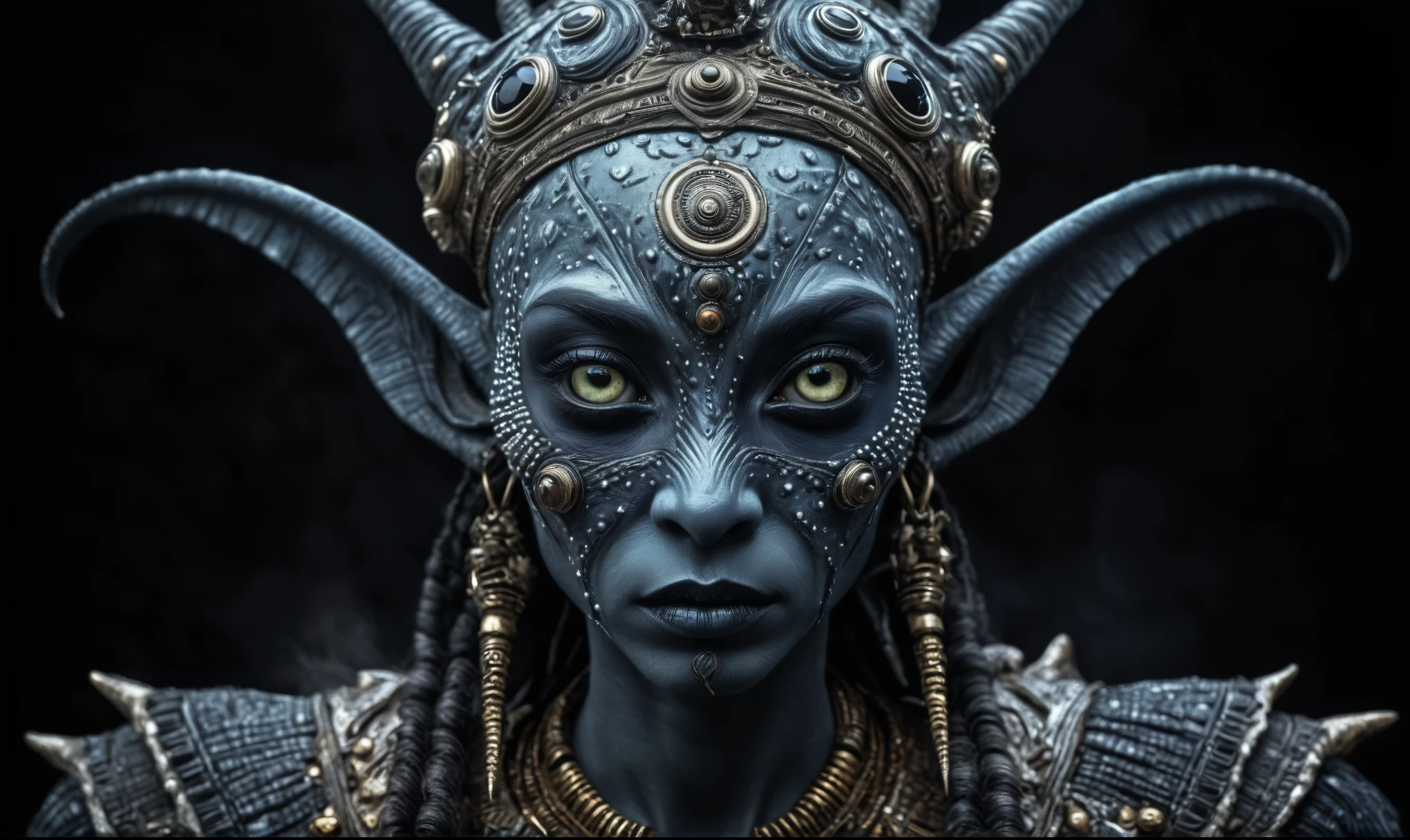 full body length shot,nerd graphite  Alien Entity,native africa slave ,nowadays azctec central city,Cinematic,soft colors, Technicolor,natural skin textures, hyper realism, hyper detailed,Extremely detailed,High contrast,Masterpiece,Realistic,Ultra Detailed, intricate details,realistic humid leather,extremely intricate details,Epic Realistic, cinematic style, irina yermolova,high contrast,hdr,extremely detailed, [deep night landscape],masterpiece, intricate details, eyes extremely detailed, high detailed eyes,8k resolution,retina, Nikon Z9,Korea,orc,Egypt, Pisces, transition between two art styles, Double contact, X-ray, Creative, vivid light, fantasy, Abstract, Surrealism, super detailed, high resolution,insanity national folk wear,skin  almost translucent,  symbols of mourning and gothic elements, further emphasizing its dark air,Mestichino,Light particles,chaos,starfish's leather
