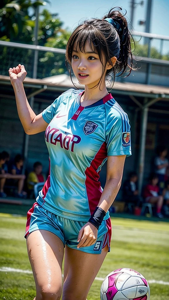 Highest quality, High resolution:1.2, Super detailed, Realistic:1.3, ((Beautiful woman))、((Ultra tight uniform))、Big Breasts、Vibrant colors, play soccer,((blunt bangs))、Has bangs、Wet Hair, Concentration, Splash, Action Shots, Grass blotches, Muddy ground, Wet turf, Decide, Fast-paced games, Athletic physique, Shiny soccer ball, Wet uniform, raindrop, Blurred motion, Focus on the ball, Intense competition, Skillful dribbling, Energetic play, Teamwork, powerful shoots, Wet pitch, Passionate sports, Fierce Decide, Humid atmosphere, Fluid movement, emotional expression、Dramatic lighting, Women's Sports, Avid athletes, Exciting Games, endure, Excited state, Speed and agility, Energetic play, 濡れたSplash、smile、