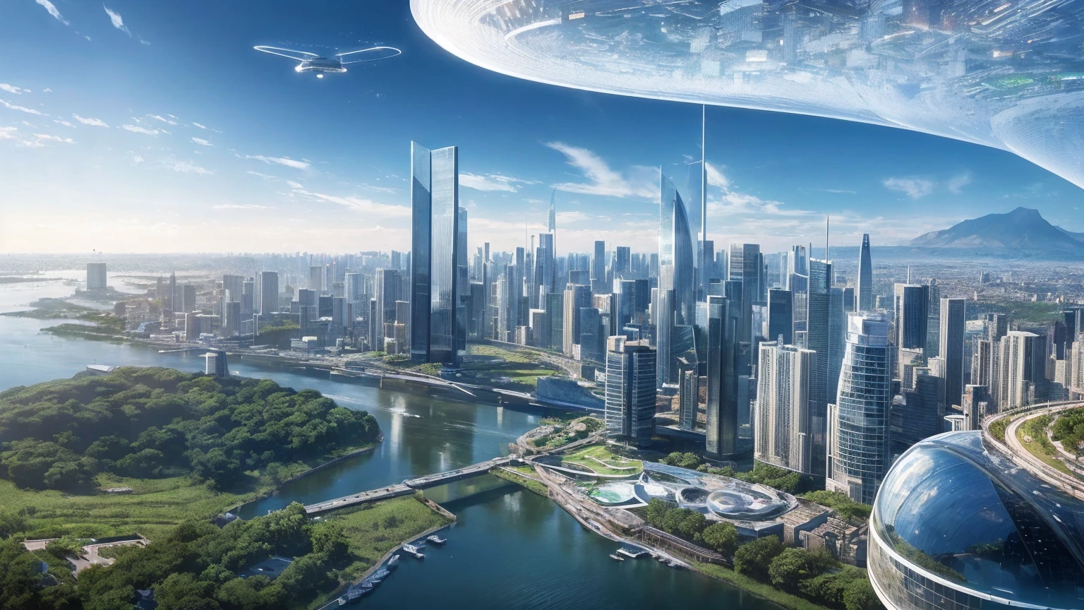 (Best quality,4K,8K,A high resolution,Masterpiece:1.2),Ultra-detailed,(Realistic,Photorealistic,photo-realistic:1.37),Futuristic floating city,Futuristic technology,Huge urban high-tech tablet platform,Airship,Floating in the sky,Futuristic city,Small airships around,High-tech hemispherical platform,Colorful lights,Advanced architecture,modernn architecture,skyscrapper,Access the cloud,Scenic beauty,view over city,Impressive design,Blend seamlessly with nature,energetic and vibrant atmosphere,Futuristic transportation system,Parking is suspended,Transparent path,Lush greenery,Sky gardens,cascading waterfalls,Magnificent skyline,reflections on the water,Sparkling river,Architectural innovation,futuristic skyscrapers,Transparent dome,The shape of the building is unusual,Elevated walkway,Impressive skyline,Glowing lights,Futuristic technology,Minimalist design,Scenic spots,Panoramic view,Cloud Piercing Tower,Vibrant colors,epic sunrise,epic sunset,Dazzling light display,magical ambiance,The future city,Urban Utopia,LuxuryLifestyle,Innovative energy,sustainable development,Smart city technology,Advanced infrastructure,Tranquil atmosphere,Nature and technology live in harmony,Awesome cityscape,Unprecedented urban planning,Architecture connects seamlessly with nature,High-tech metropolis,A cutting-edge engineering marvel,The future of urban living,Visionary architectural concept,Energy-efficient buildings,Harmony with the environment,A city floating above the clouds,Utopian dreams become reality,The possibilities are endless,State-of-the-art transportation network,Green energy integration,Innovative materials,Impressive holographic display,Advanced communication system,Breathtaking aerial view,Quiet and peaceful environment,Modernist aesthetics,Ethereal beauty