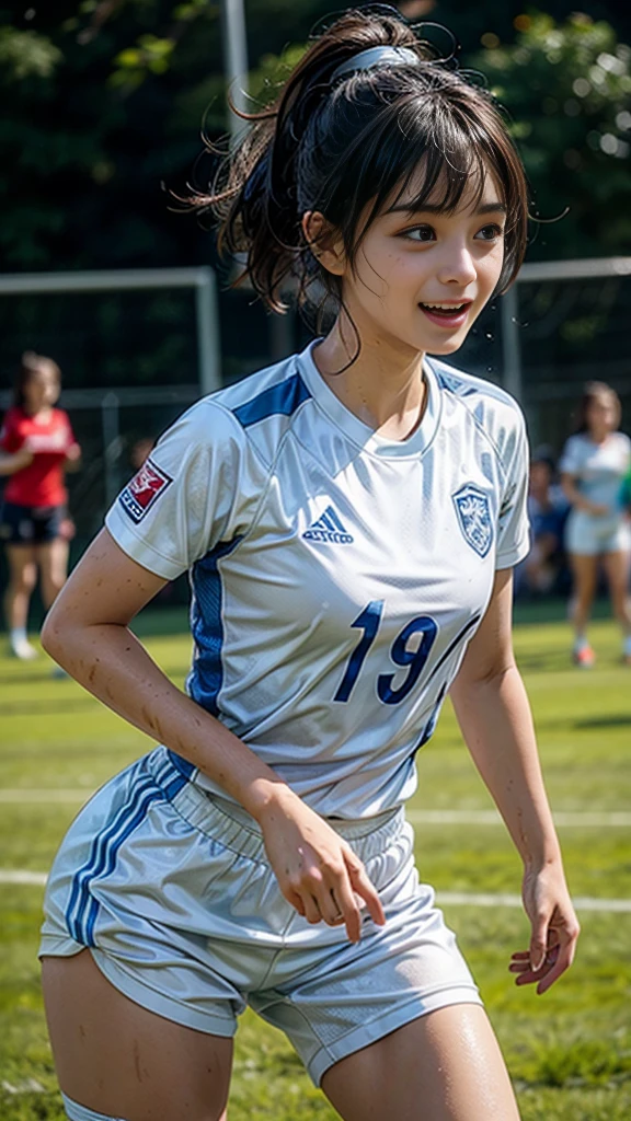 Highest quality, High resolution:1.2, Super detailed, Realistic:1.3, ((Beautiful woman))、((Ultra tight uniform))、Big Breasts、Vibrant colors, play soccer,((blunt bangs))、Has bangs、Wet Hair, Concentration, Splash, Action Shots, Grass blotches, Muddy ground, Wet turf, Decide, Fast-paced games, Athletic physique, Shiny soccer ball, Wet uniform, raindrop, Blurred motion, Focus on the ball, Intense competition, Skillful dribbling, Energetic play, Teamwork, powerful shoots, Wet pitch, Passionate sports, Fierce Decide, Humid atmosphere, Fluid movement, emotional expression、Dramatic lighting, Women's Sports, Avid athletes, Exciting Games, endure, Excited state, Speed and agility, Energetic play, 濡れたSplash、smile、