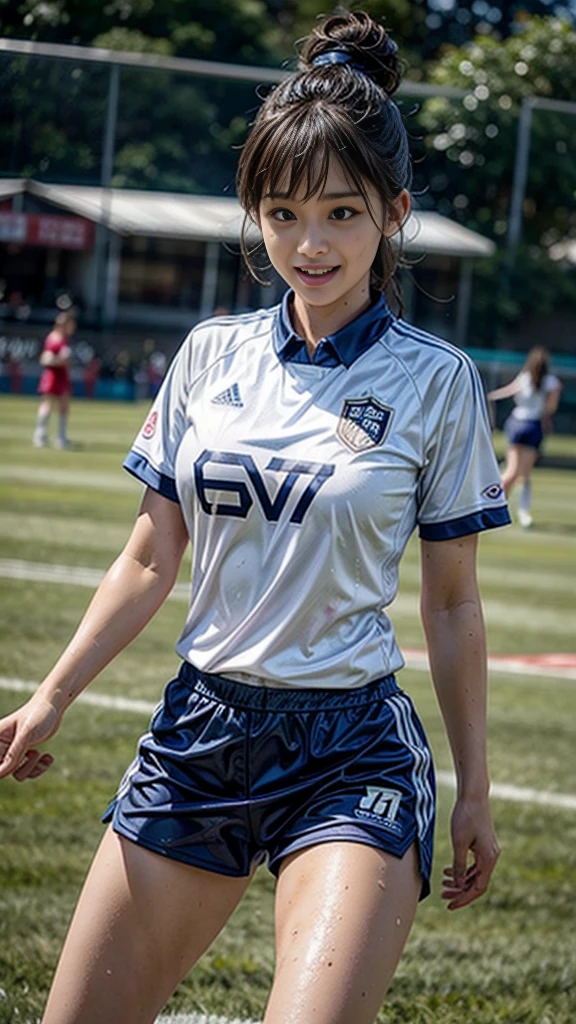 Highest quality, High resolution:1.2, Super detailed, Realistic:1.3, ((Beautiful woman))、((Ultra tight uniform))、Big Breasts、Vibrant colors, play soccer,((blunt bangs))、Has bangs、Wet Hair, Concentration, Splash, Action Shots, Grass blotches, Muddy ground, Wet turf, Decide, Fast-paced games, Athletic physique, Shiny soccer ball, Wet uniform, raindrop, Blurred motion, Focus on the ball, Intense competition, Skillful dribbling, Energetic play, Teamwork, powerful shoots, Wet pitch, Passionate sports, Fierce Decide, Humid atmosphere, Fluid movement, emotional expression、Dramatic lighting, Women's Sports, Avid athletes, Exciting Games, endure, Excited state, Speed and agility, Energetic play, 濡れたSplash、smile、