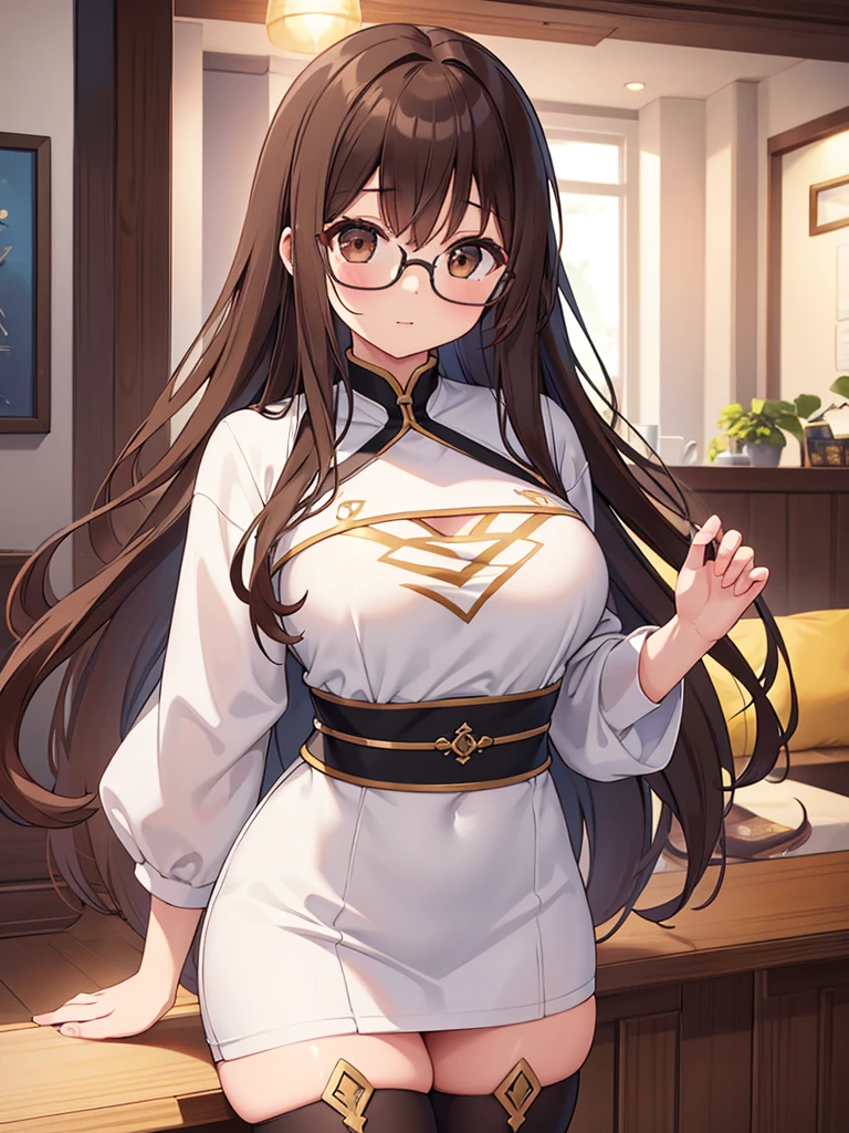 1 Female、Brown hair、Brown Eyes、Best Quality、Super detailed、8 Resolution、Raw photo、Mastepiece、Perfect Body、high resolution、Highest quality、Detailed drawing、Vibrant colors、lure、Long Hair、Black-rimmed glasses、Captivating breasts、Wearing a jersey、Ground