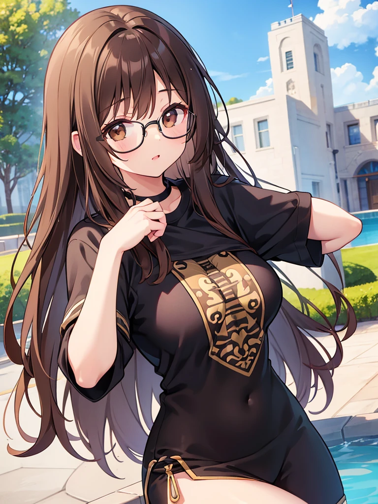 1 Female、Brown hair、Brown Eyes、Best Quality、Super detailed、8 Resolution、Raw photo、Mastepiece、Perfect Body、high resolution、Highest quality、Detailed drawing、Vibrant colors、lure、Long Hair、Black-rimmed glasses、Captivating breasts、Wearing a jersey、Ground