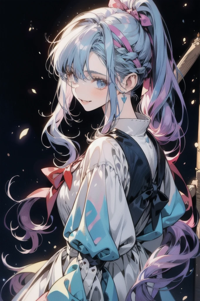 Beautiful light blue hair with a long ponytail and lilac tips. An anime girl wearing a white fir shirt with a long ponytail and a big hairband、A happy and lively character standing on a simple and abstract dark blue background looking back。, close( Perfect Anatomy )
beautifully、Very fine texture,detailed, bright, High quality animated style presentation