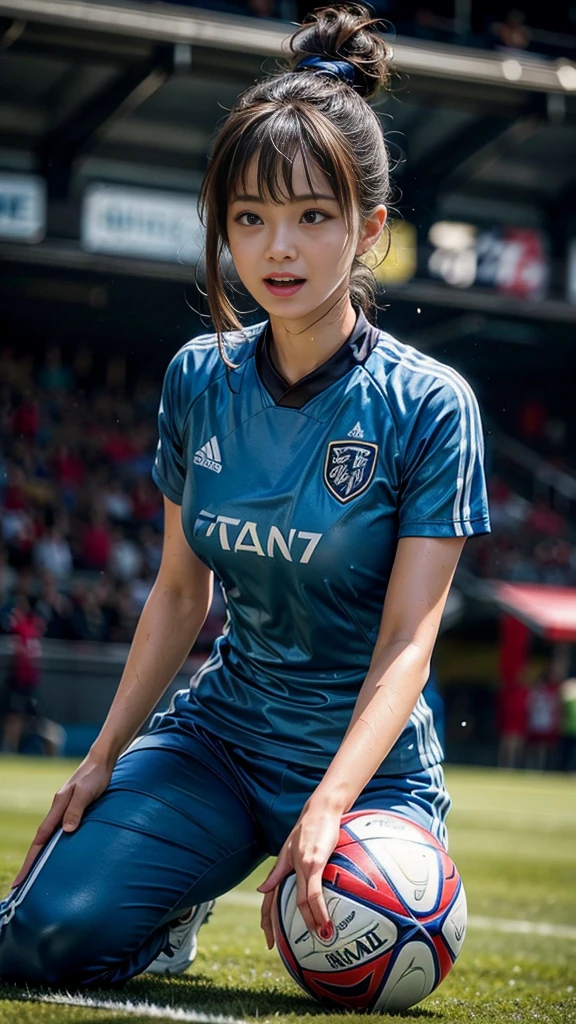 Highest quality, High resolution:1.2, Super detailed, Realistic:1.3, ((Beautiful woman))、((Ultra tight uniform))、Big Breasts、Vibrant colors, play soccer,((blunt bangs))、Has bangs、Wet Hair, Concentration, Splash, Action Shots, Grass blotches, Muddy ground, Wet turf, Decide, Fast-paced games, Athletic physique, Shiny soccer ball, Wet uniform, raindrop, Blurred motion, Focus on the ball, Intense competition, Skillful dribbling, Energetic play, Teamwork, powerful shoots, Wet pitch, Passionate sports, Fierce Decide, Humid atmosphere, Fluid movement, emotional expression、Dramatic lighting, Women's Sports, Avid athletes, Exciting Games, endure, Excited state, Speed and agility, Energetic play, 濡れたSplash、smile、
