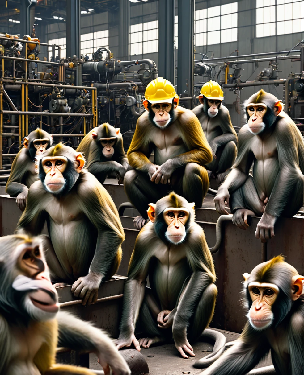 A bunch of human monkeys working in a heavy materials industrial factory, everyone tired and serious, PICTURE REALISTIC, photo realist, perfect contours, best qualityer