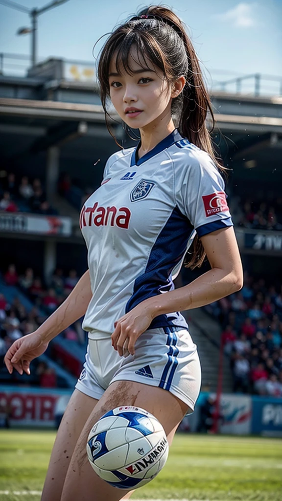 Highest quality, High resolution:1.2, Super detailed, Realistic:1.3, ((Beautiful woman))、((Ultra tight uniform))、Big Breasts、Vibrant colors, play soccer,((blunt bangs))、Has bangs、Wet Hair, Concentration, Splash, Action Shots, Grass blotches, Muddy ground, Wet turf, Decide, Fast-paced games, Athletic physique, Shiny soccer ball, Wet uniform, raindrop, Blurred motion, Focus on the ball, Intense competition, Skillful dribbling, Energetic play, Teamwork, powerful shoots, Wet pitch, Passionate sports, Fierce Decide, Humid atmosphere, Fluid movement, emotional expression、Dramatic lighting, Women's Sports, Avid athletes, Exciting Games, endure, Excited state, Speed and agility, Energetic play, 濡れたSplash、smile、