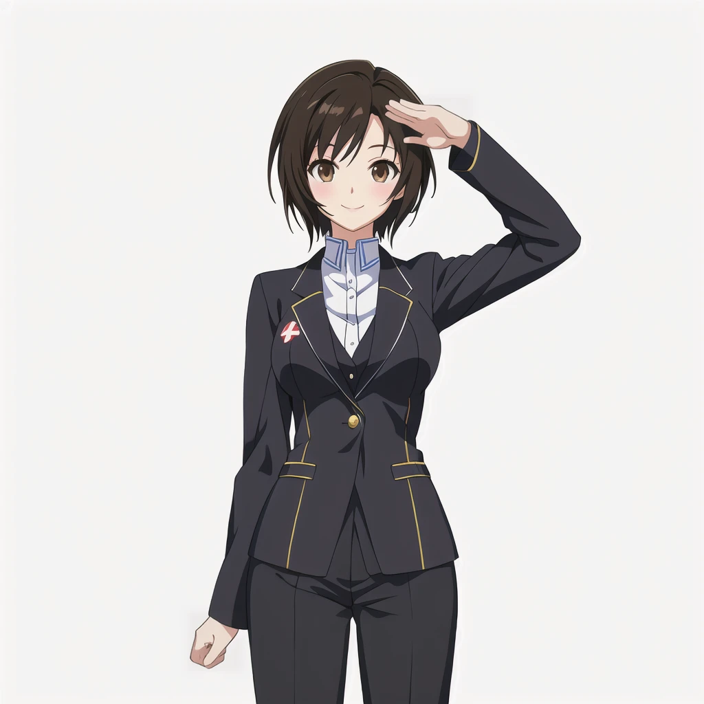 Highest quality, high resolution, High quality anime art style, Official Art, Smooth anime CG art, Stylized anime, Visual Novel Sprites, White background, whole body, Anime-style 3D, Smooth anime CG art, humanoid woman, JRPG Characters, Anime woman in a business suit, Saluting with left hand, smile, Brown eyes, Black Hair, short hair, Age 25